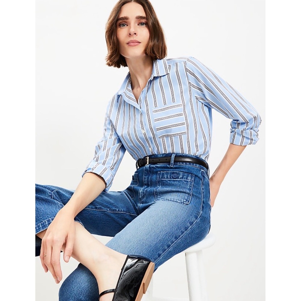 (A7) Loft Petites Blue White Striped Poplin Button Down Shirt MP Long Sleeve